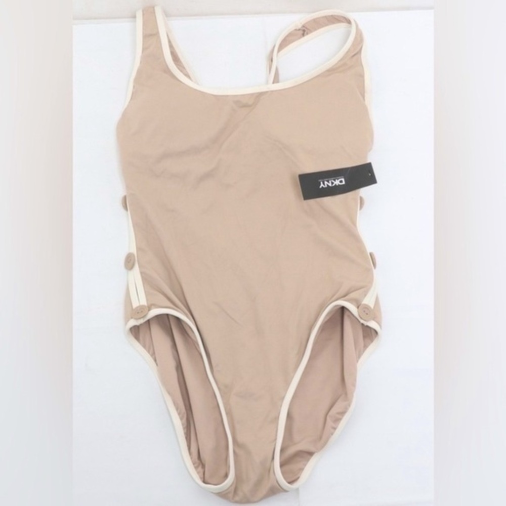 NWT DKNY Tan Side Button One Piece Swimsuit - Sz 12 / L